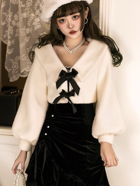V-Neck with White Bowknots Lolita Coat Black