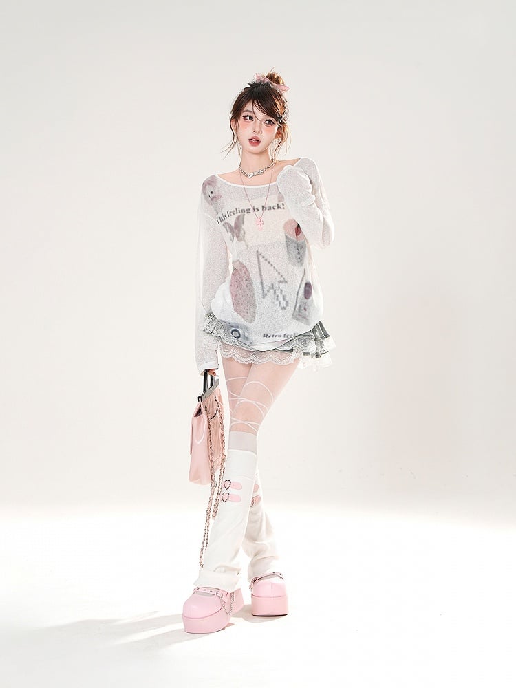 Erdbeerdruck Asymmetrischer Ausschnitt Weiß/Pink