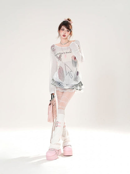 Erdbeerdruck Asymmetrischer Ausschnitt Weiß/Pink