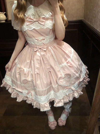 Rock Sweetheart Weiß Lolita Jumper Old Dress School Applikation Baumwolle Rosa und