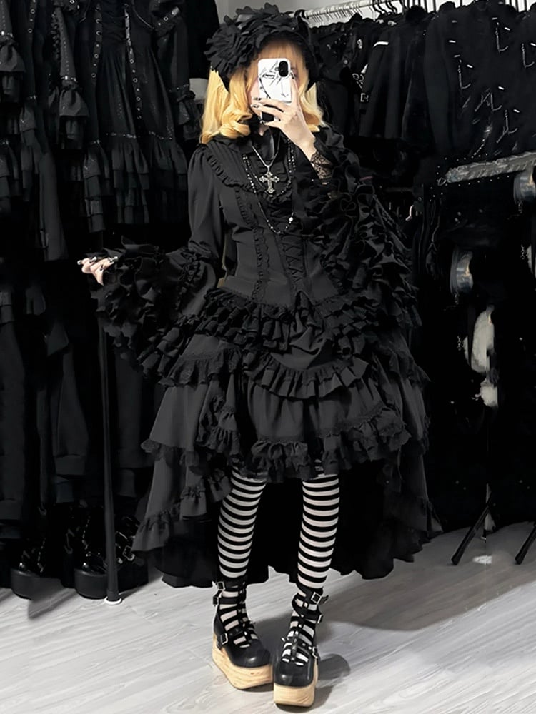 Layered Aristocrat Drawstring High-low Gothic Skirt Black Lolita