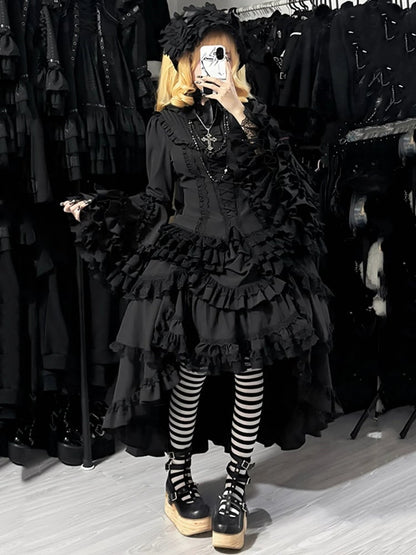 Layered Aristocrat Drawstring High-low Gothic Skirt Black Lolita