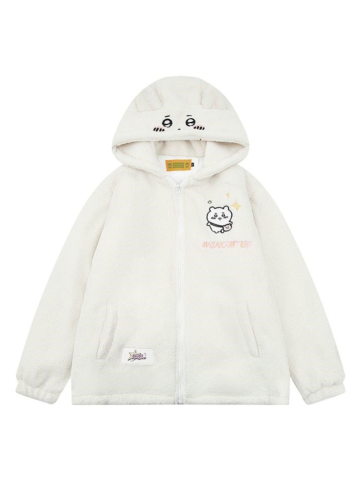 Fleece Cartoon White Hamster Coat Ears Hooded Print With