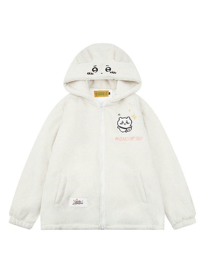 Fleece Cartoon White Hamster Coat Ears Hooded Print With