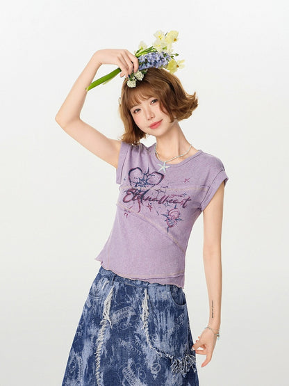 Retro Floral Print Asymmetrical Design Short Sleeve Top - Girlyhalo
