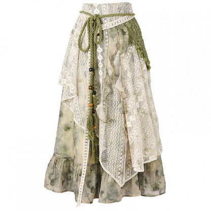 Dye Lace Patchwork Design Long/Short Tie Skirt Version Kei Green Mori