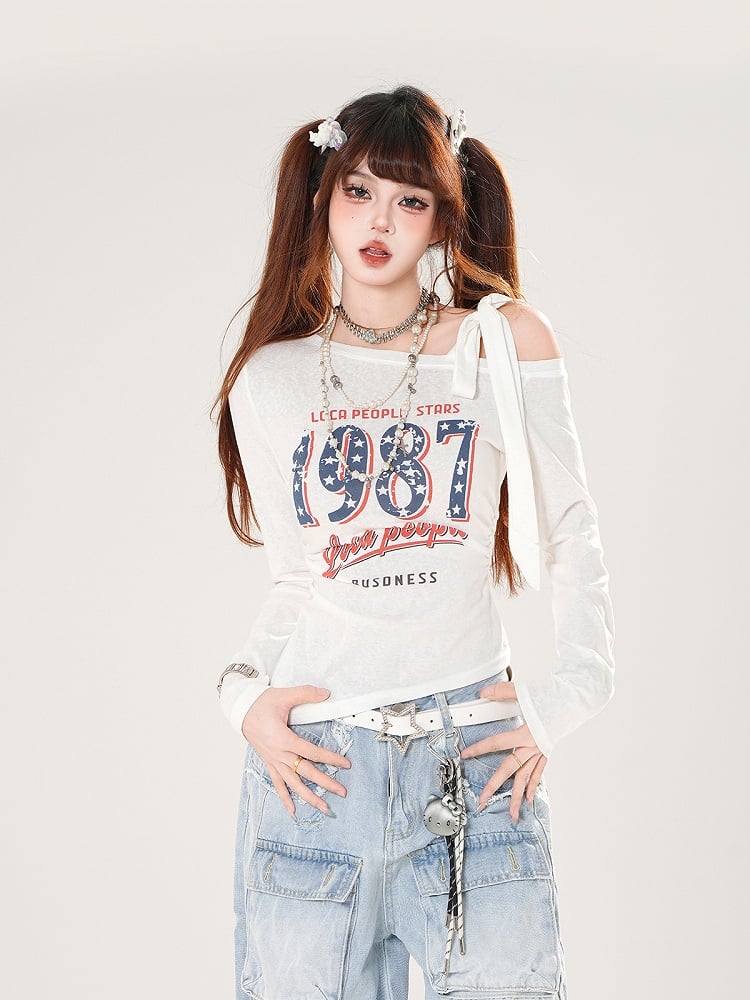 ヴィンテージナンバープリント ブルー/ホワイト/ブラック アシンメトリーネックライン トップス