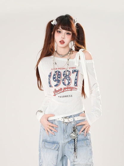 ヴィンテージナンバープリント ブルー/ホワイト/ブラック アシンメトリーネックライン トップス