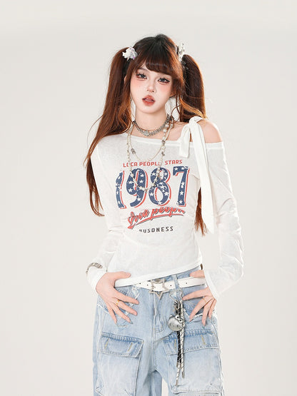 アシンメトリーネックライントップス ヴィンテージナンバープリント ブルー/ホワイト/ブラック