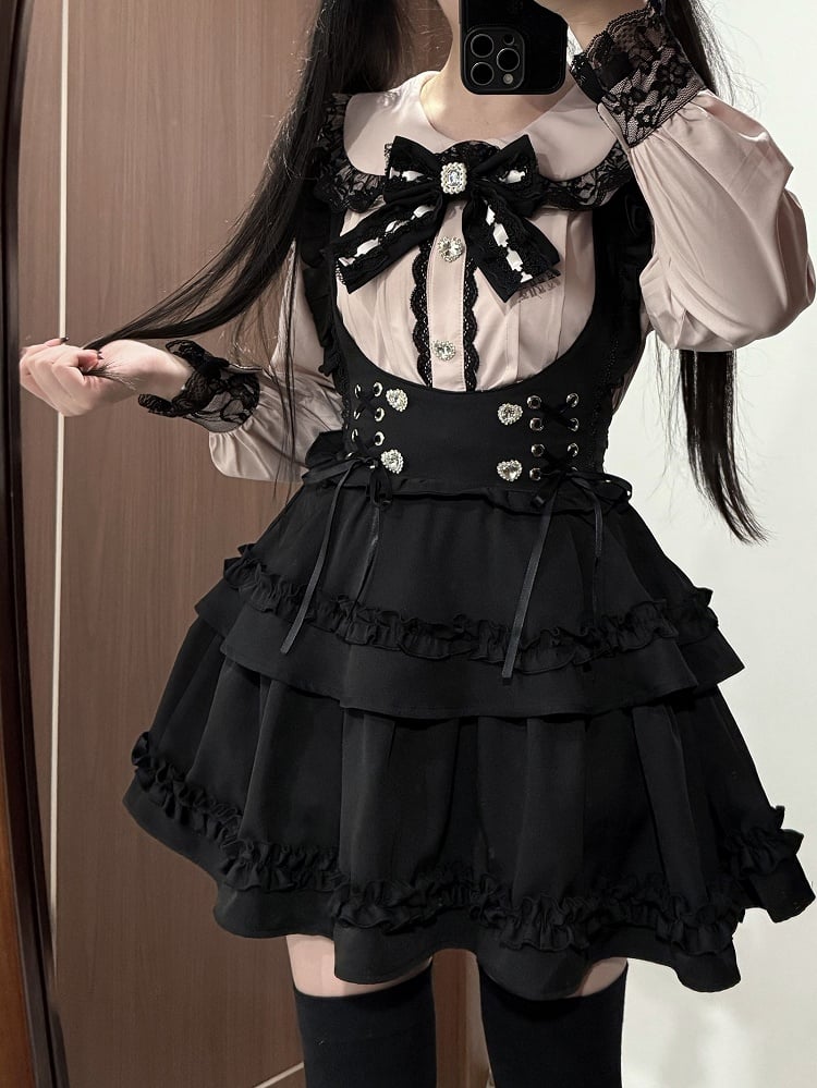 Sweet & Edgy Jirai Kei Coord Set: Pink Heart Rhinestone Blouse & Black Tiered Susender Skirt