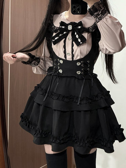 Sweet & Edgy Jirai Kei Coord Set: Pink Heart Rhinestone Blouse & Black Tiered Susender Skirt