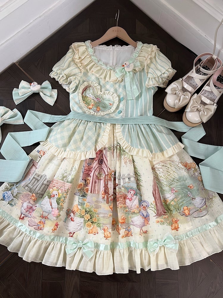 Lolita Short Duckling Sunflower Sweet Print and Sleeves Dress