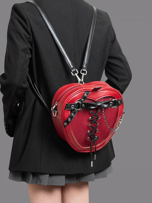 Charming Red Apple-Shaped 2-Way Ita Backpack With Black Belt And Bow Accents Small