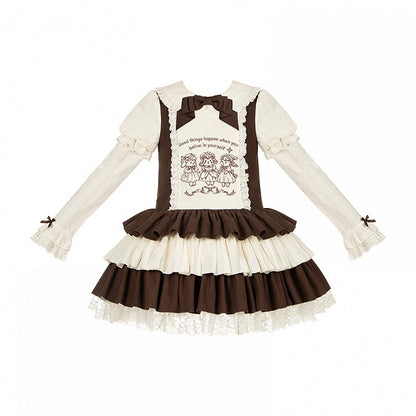 Bunny and Embroidery Tiered Dress Lamb Dropped with Waist Brown Hem Beige Lolita