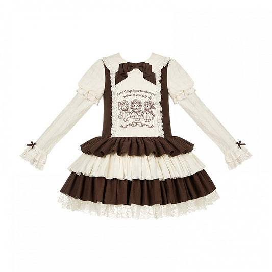 Bunny and Embroidery Tiered Dress Lamb Dropped with Waist Brown Hem Beige Lolita
