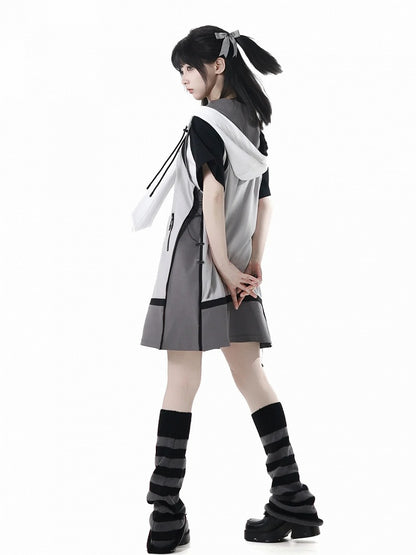 ドレスサイドテックウェアフード付きベストグレーカラーブロックデザインドローストリング