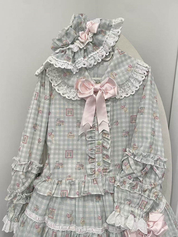 Sweet Peter Hat Lolita Plaid + Pan Print Top Bear Set Collar Skirt Pink Green