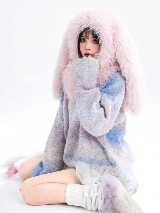 and Neck Relaxed in Crew Gradient Sweater Fit Pullover with Colorful Knit Rainbow Blue