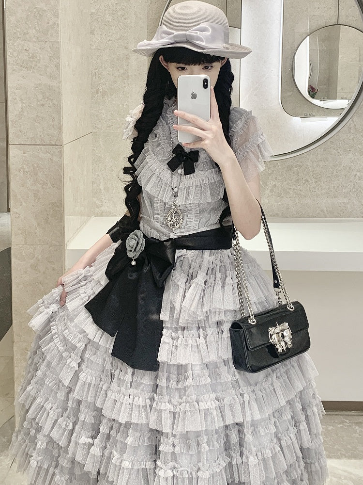 Elegant Waist + Cotton Skirt Tulle Lolita Vest Set Multi-layered Mesh Classic Gray Belt Dotted -