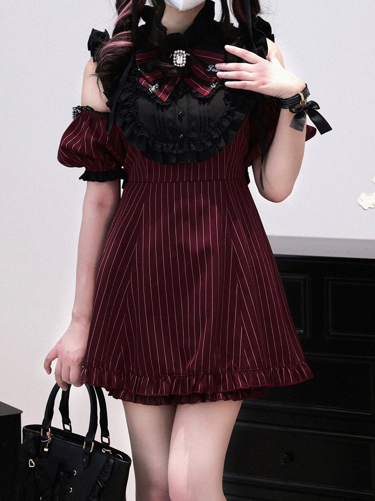 Shorts with Versatile Coord Sleeves Kei Set: Red Wine Striped Modular Matching Jirai Dress