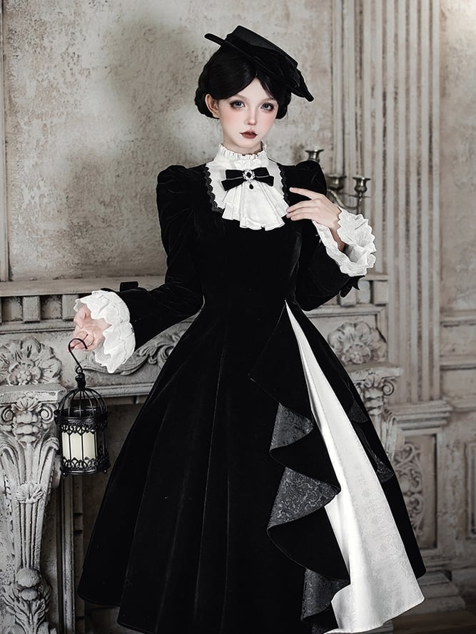 Black Cascading Lolita Elegant White Ruffled Dress Jacquard Ruffle Paneled Skirt with Fabric Neck