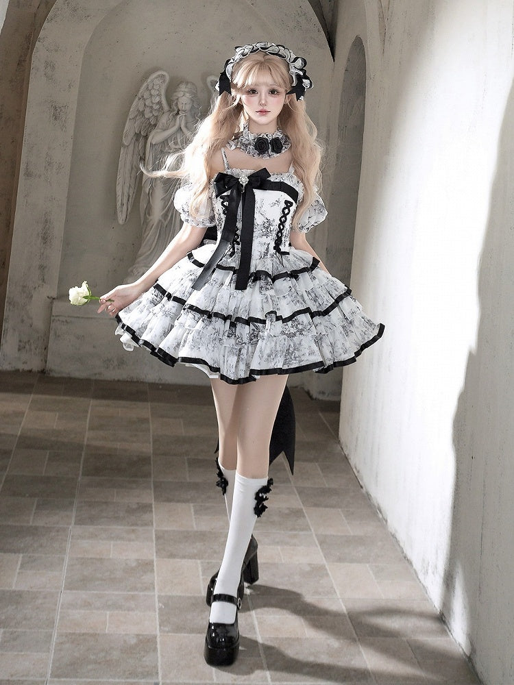 Elegant Hanayome-Style Black & White Porcelain-Inspired 82CM-Length Lolita Princess Dress - Sleepless Star