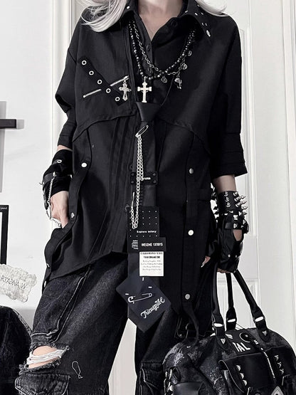 Back Cross Short-Sleeve Print Punk Hem Shirt Asymmetrical Black with