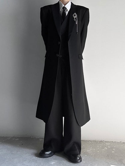 Black Structured Long Trench Coat with Notch Lapel