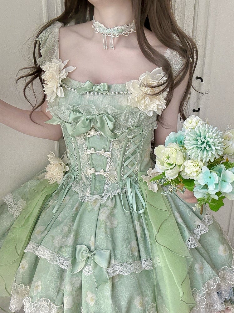 Short Skirt Green Frog Buttons Jasmine-Embellished + Lolita Version with Print Corset Floral Top
