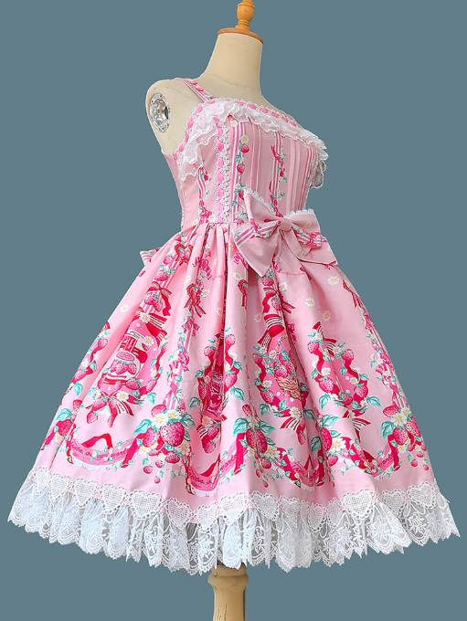 Print Trim Lace shaped Lolita Heart Dress with Sweet Pink JSK Strawberry