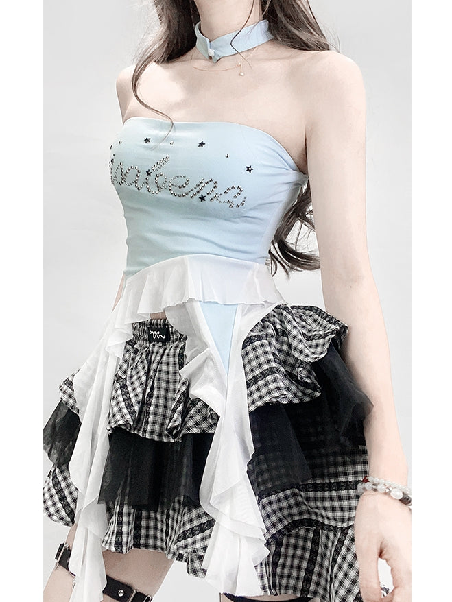 トップヘムチューブラインストーン装飾文字グラマラスY2Kブルーアシンメトリー