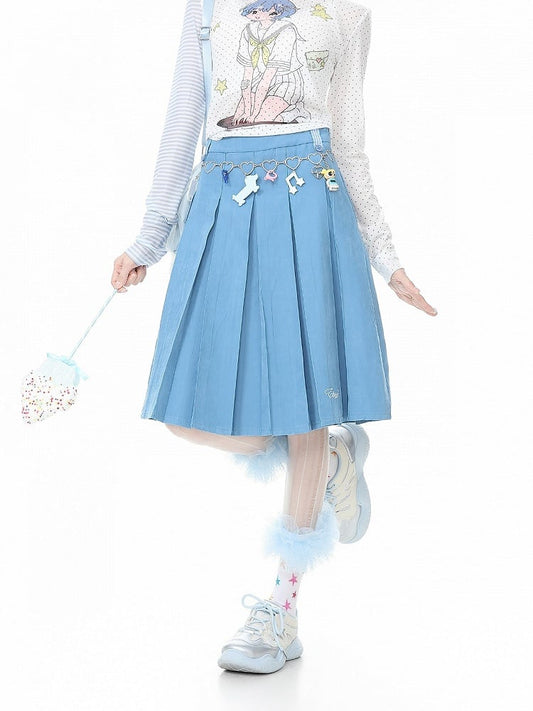 Blue Box Pleat Skirt with Embroidery - Languid Park