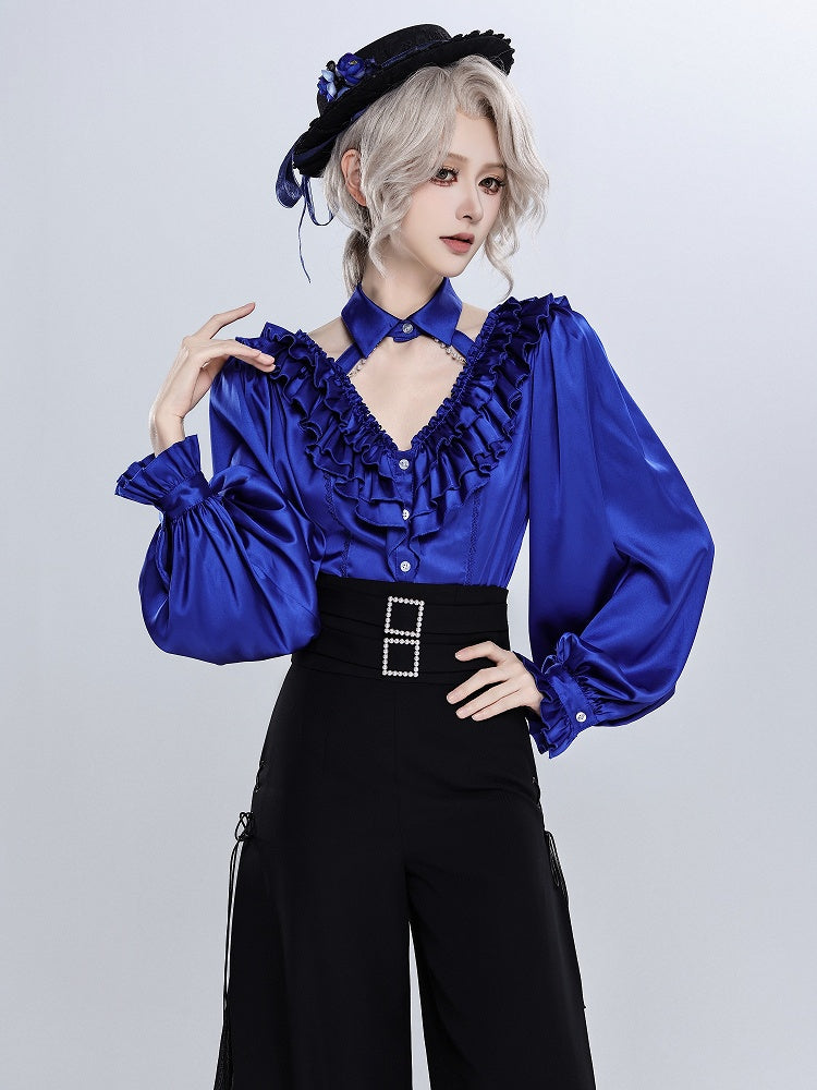 Deep Sea Blue Layered Ruffles V-neck Long Sleeves Shirt with Detachable Bead Chain Cutout Back - DevilInspired Exclusive Collection