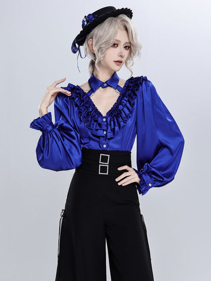 Deep Sea Blue Layered Ruffles V-neck Long Sleeves Shirt with Detachable Bead Chain Cutout Back - DevilInspired Exclusive Collection