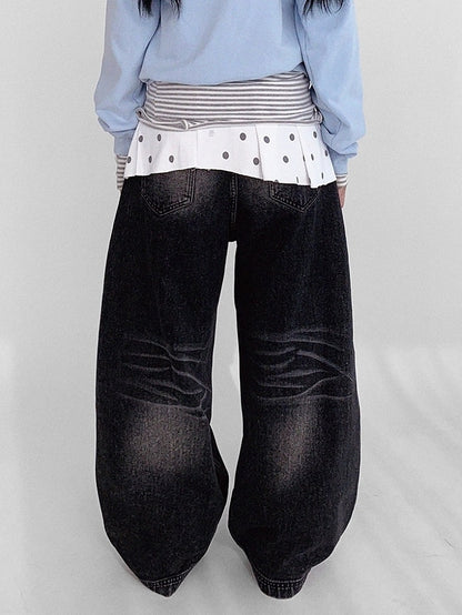 Wide-leg Faded Y2K Print Number Black - Wash with Jeans