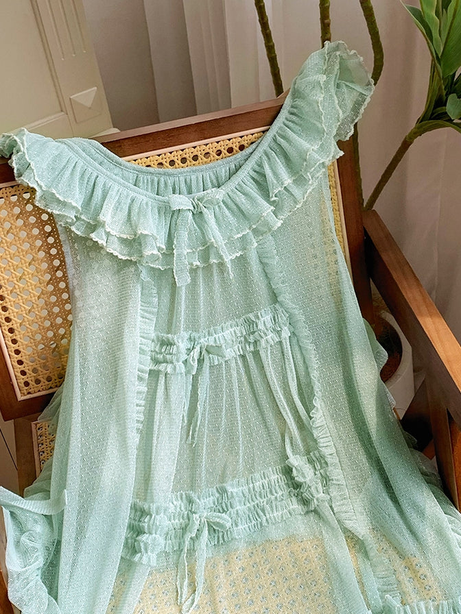 Pink Style Green House Dots Schleife Rüschen Tüll und Details Mint Trim Überkleid