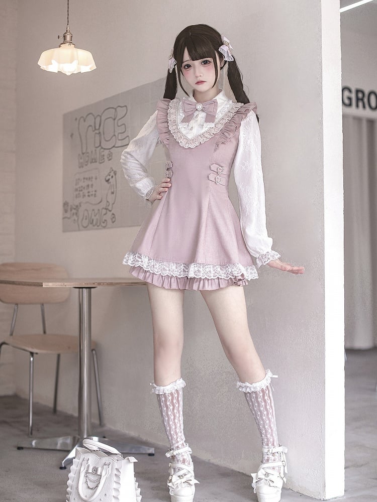 Ryousangata Pink Lace Long Sleeve Dress & Shorts Bow Set - Ekomi