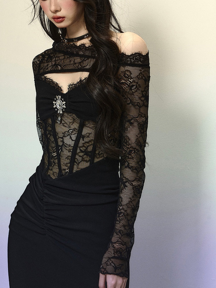 Black Asymmetrical Neckline Semi-sheer Lace Bodice Mermaid Skirt Patchwork Dress Evening Gown