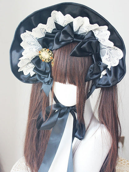 Black Satin Lace Trim Bonnet With Bowknot Details Hairclips