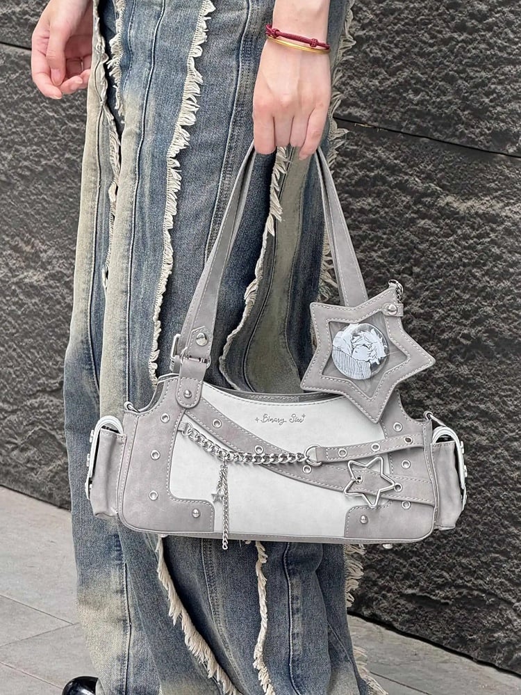 Gray Y2K Ita Star Shoulder PU Charm Bag With