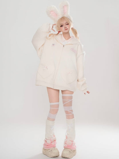 Hellblau/Apricotfarbener Kapuzenpullover mit Hasenohren-Design und Spitzenakzenten