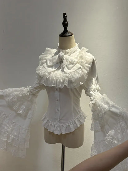 Gothic Layered Sleeves with All Bell Bowtie Shirt Shiro White Lolita