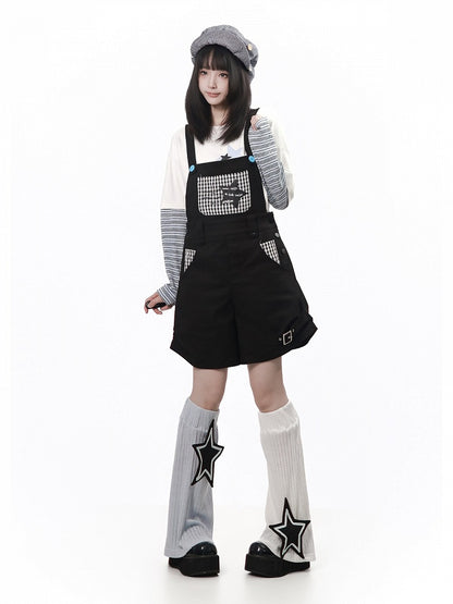 Daily Kawaii Black Plaid Spliced Overall Shorts - PINK SAVIOR