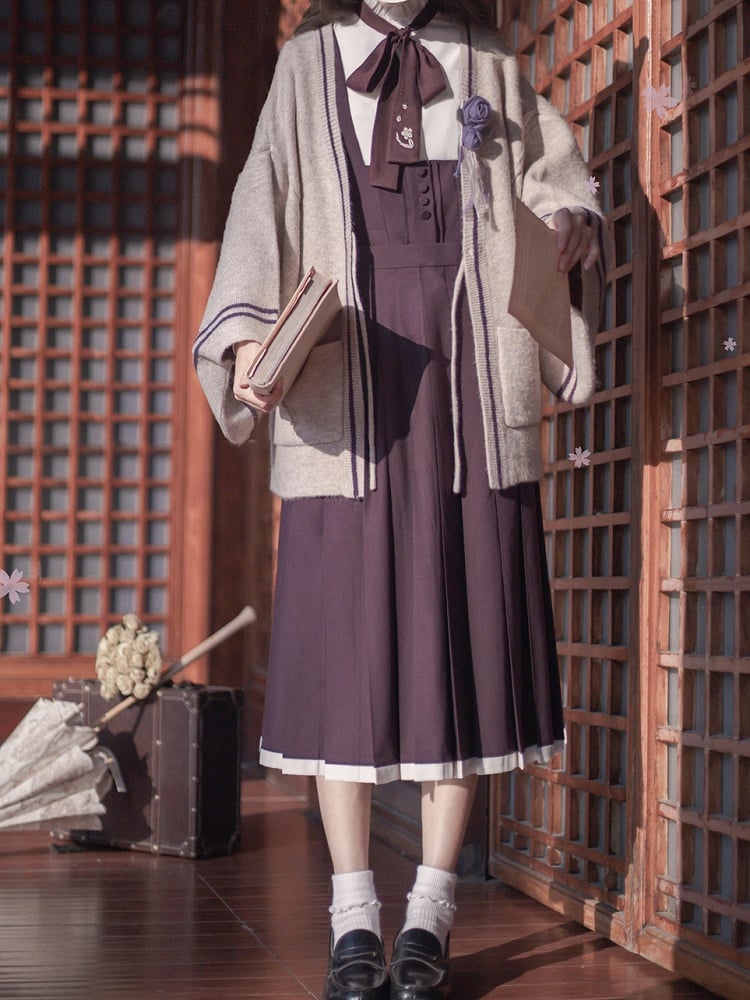 Lila Stickerei Floral Dusty in mit High Waist Box Pleated Overall Kleid