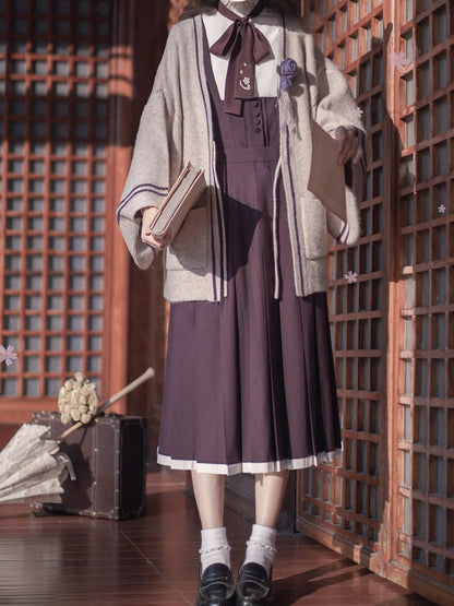 Lila Stickerei Floral Dusty in mit High Waist Box Pleated Overall Kleid