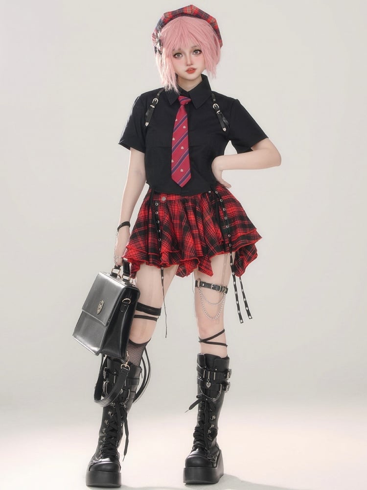 Mini Straps Red Skirt With Plaid Black Pleated Metal Punk Buckle
