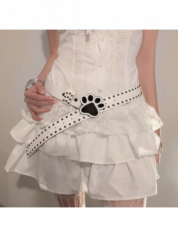 Black White Cat Paw Belt with Stud Decor - WhaleHall