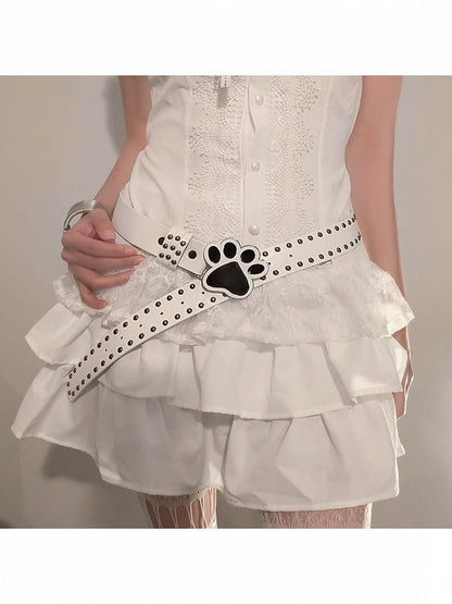 Black White Cat Paw Belt with Stud Decor - WhaleHall