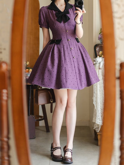 Muster Schwarz Lila Kleid Kleine Retro Ärmeln Puff Herz-förmigen Mode