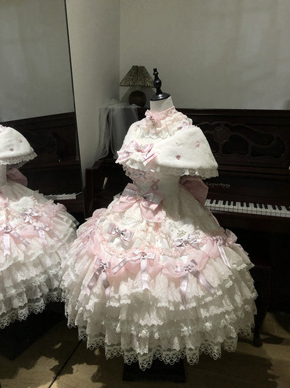 Shimmer Hime Set OP Lolita Decorated Bows Princess Pink Layered Full Dress